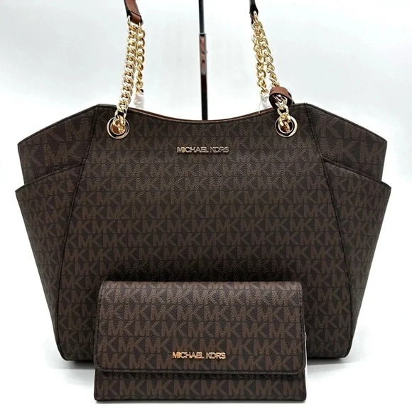 Michael Kors Large Jet Set Travel Chain Shoulder Bag & Trifold Wallet Brown - Picture 1 of 14